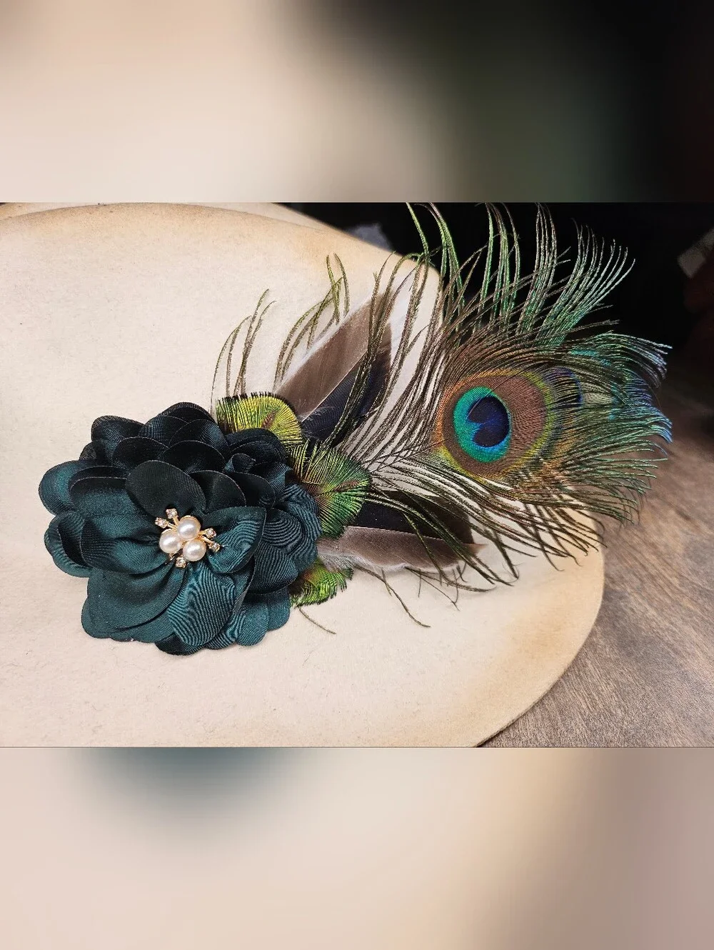 NEW Peacock feather Hat Pin Brooch W/ green satin flower, rhinestones and pearls